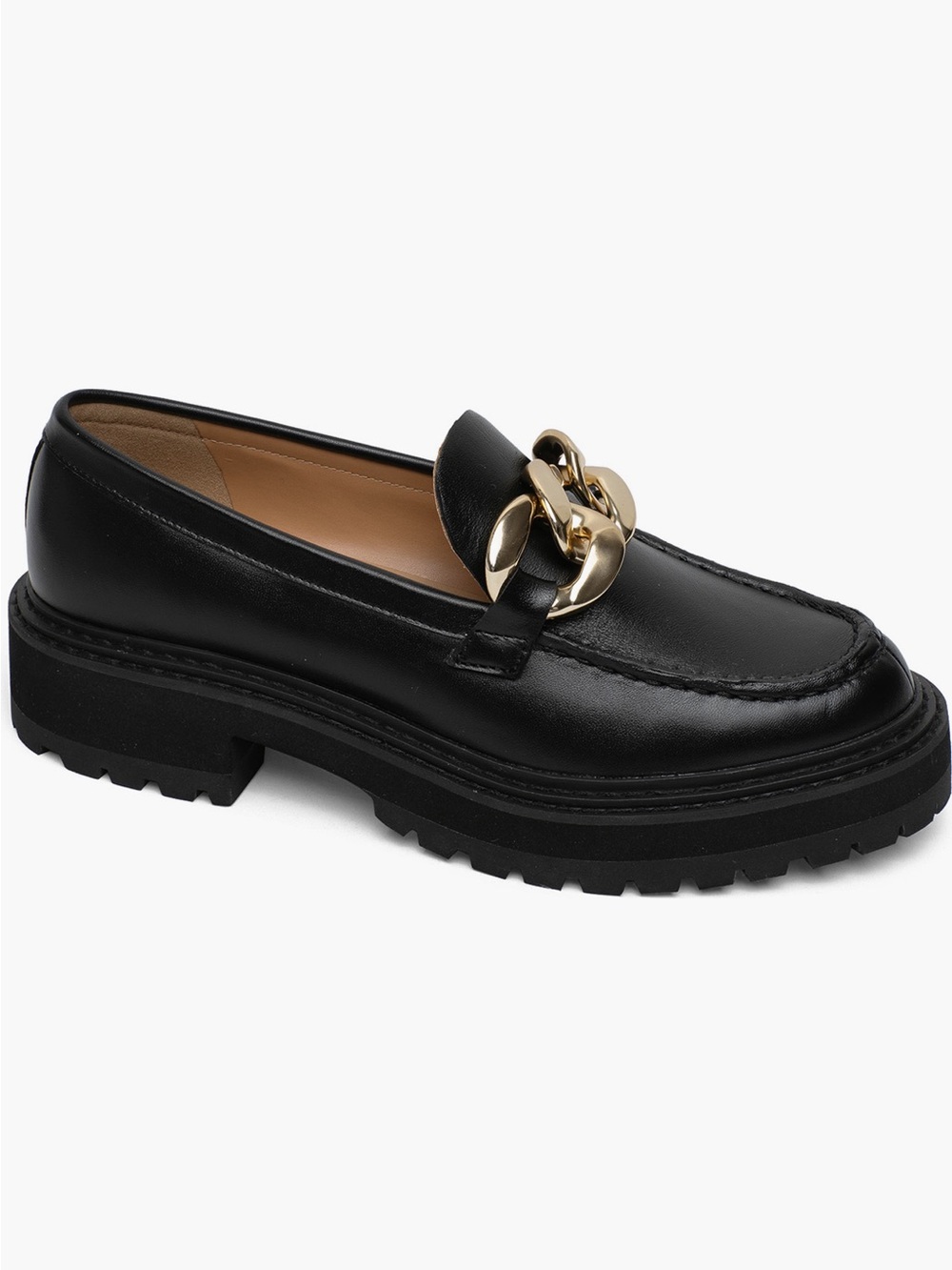Black Chain-Accent Leather Loafers Lisa Vicky